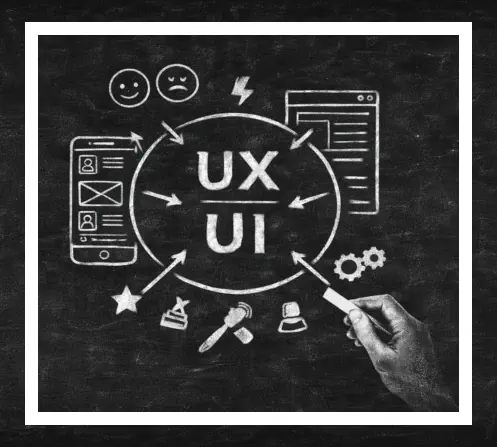 Person writing on chalkboard with UX and UI symbols