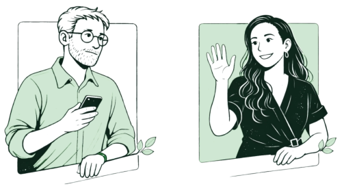 Animation of man, holding a phone, looking toward me, waving my hand and wearing a dark dress